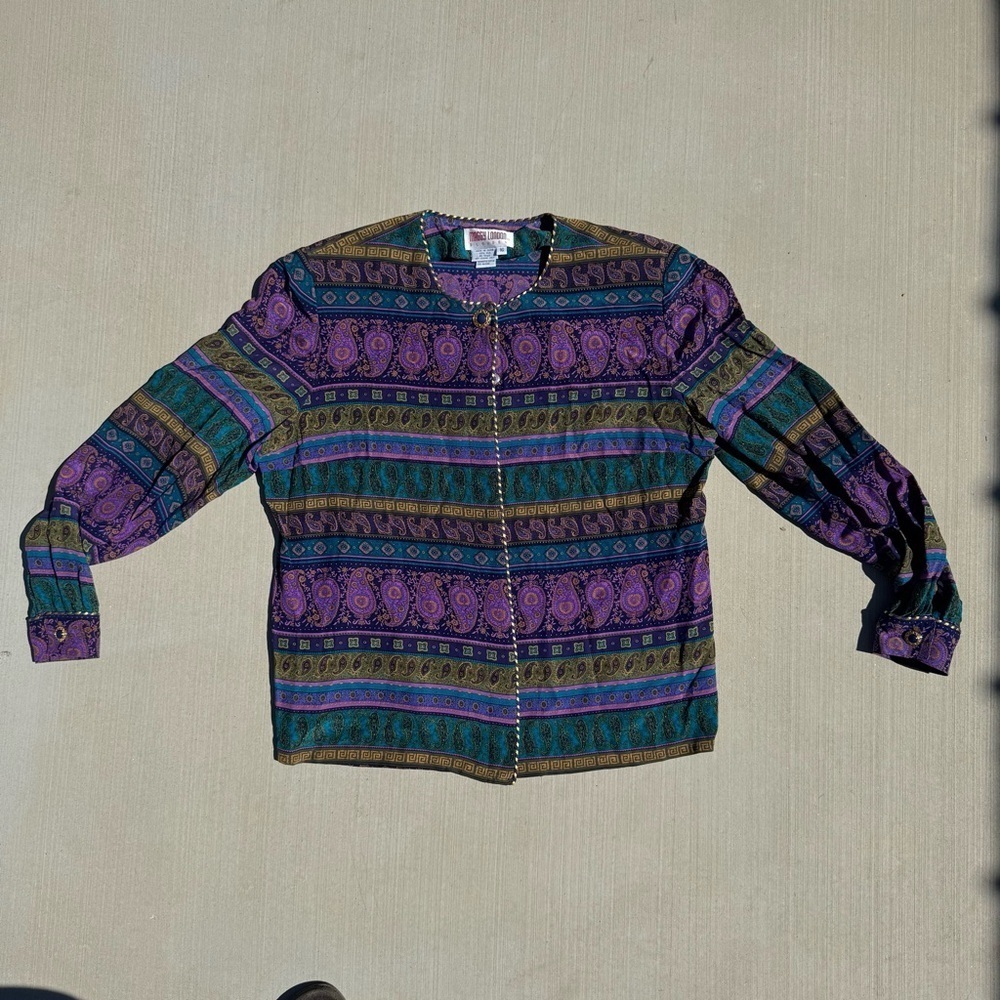 Maggy London 100% Silk Vintage Teal\Purple Embellished Button Up Blouse Size 16